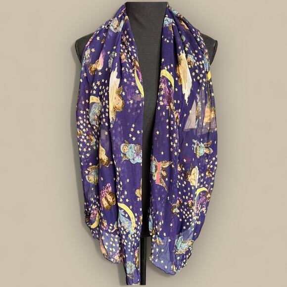 Semi Sheer Cherub Angel Cupid Stars Scarf Celestial Whimsygoth Vintage - Picture 2 of 3